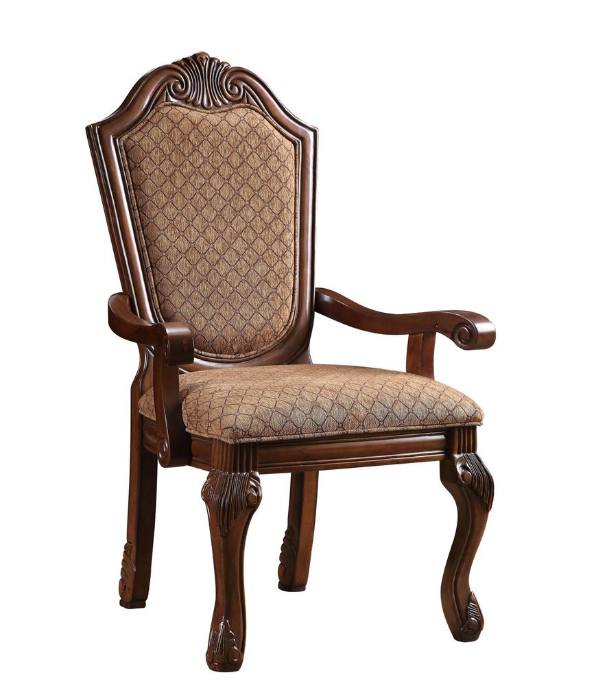 Set of Two Dark Brown And Tan Fabric And Solid Wood Geometric Print Dining Side Chairs