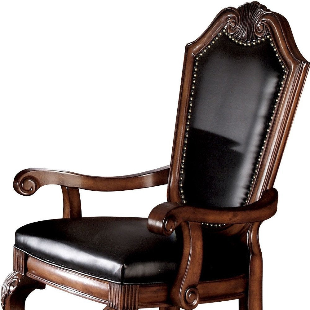Set of Two Black and Redwood Upholstered Faux Leather And Solid Wood Dining Side Chairs
