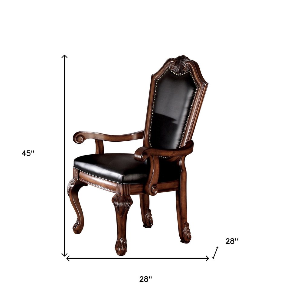 Set of Two Black and Redwood Upholstered Faux Leather And Solid Wood Dining Side Chairs