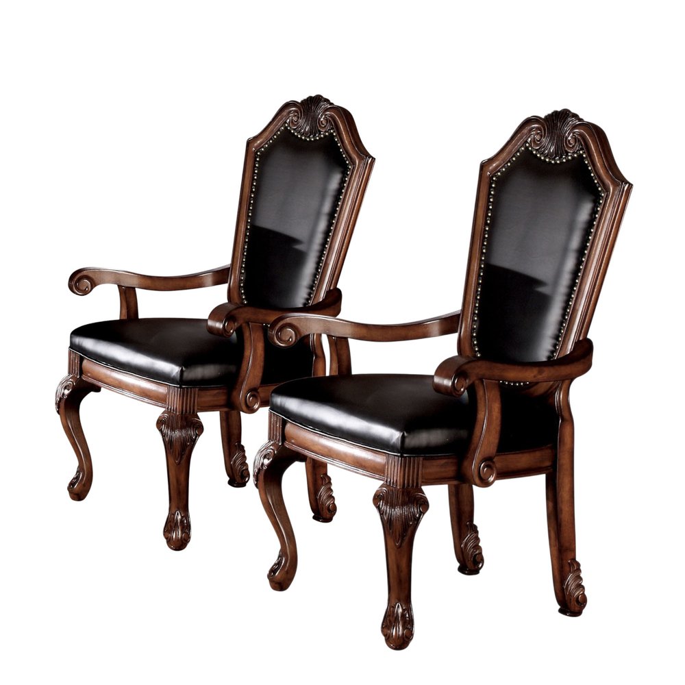 Set of Two Black and Redwood Upholstered Faux Leather And Solid Wood Dining Side Chairs