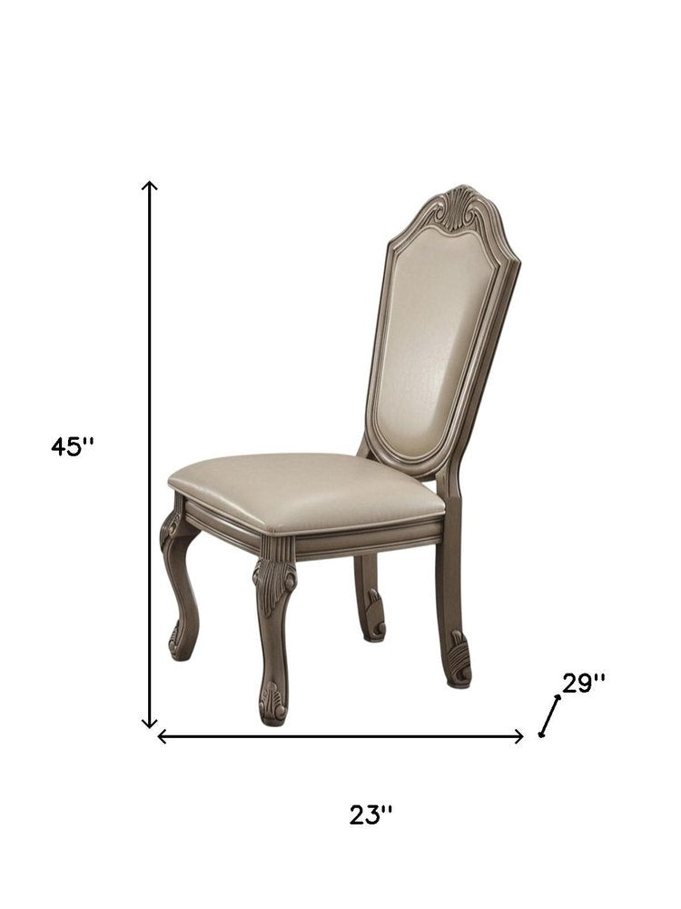 Set of Two Antiqued White Upholstered Faux Leather Dining Side Chairs
