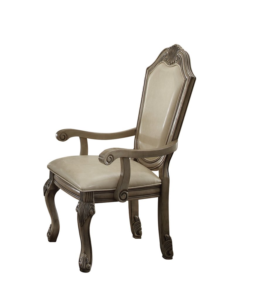 Set of Two Antiqued White Upholstered Faux Leather Dining Side Chairs