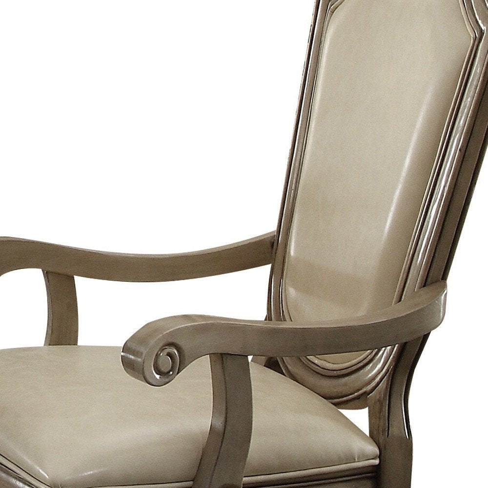 Set of Two Antiqued White Upholstered Faux Leather Dining Side Chairs