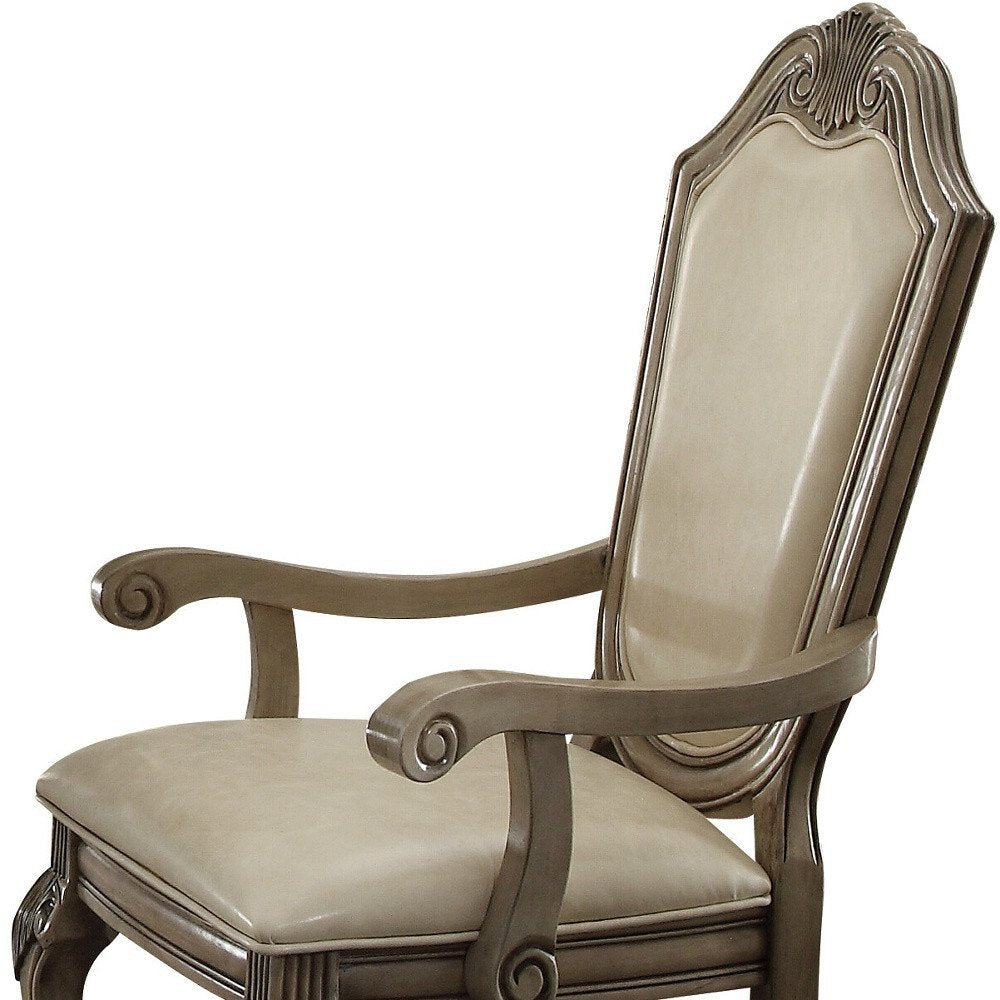Set of Two Antiqued White Upholstered Faux Leather Dining Side Chairs
