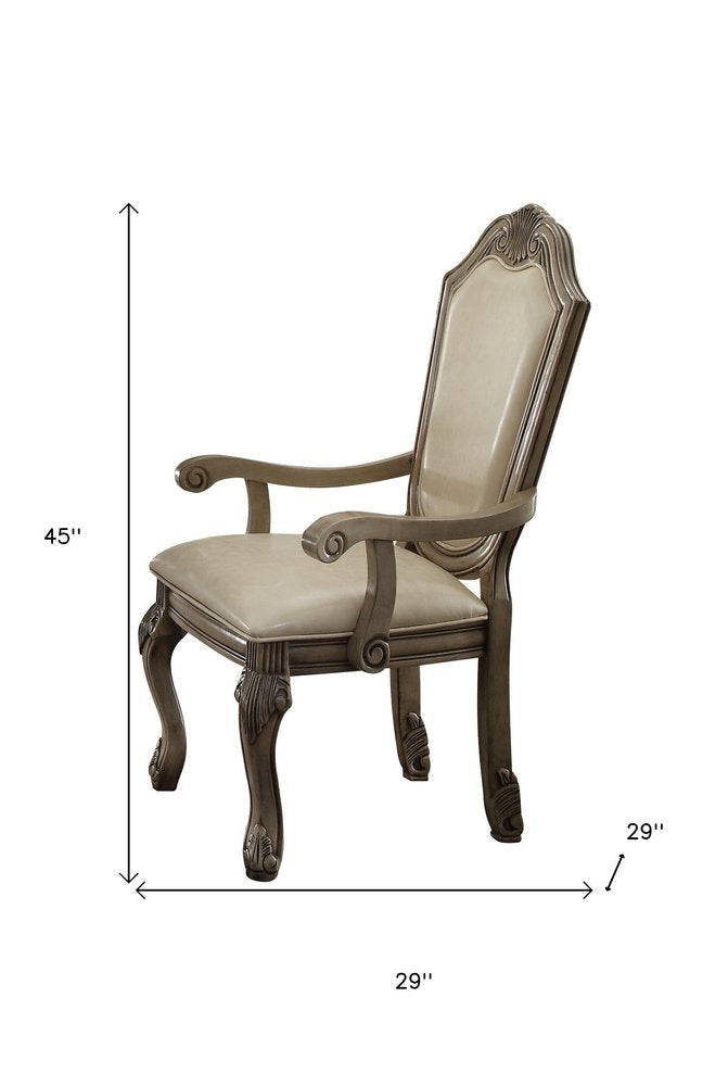 Set of Two Antiqued White Upholstered Faux Leather Dining Side Chairs