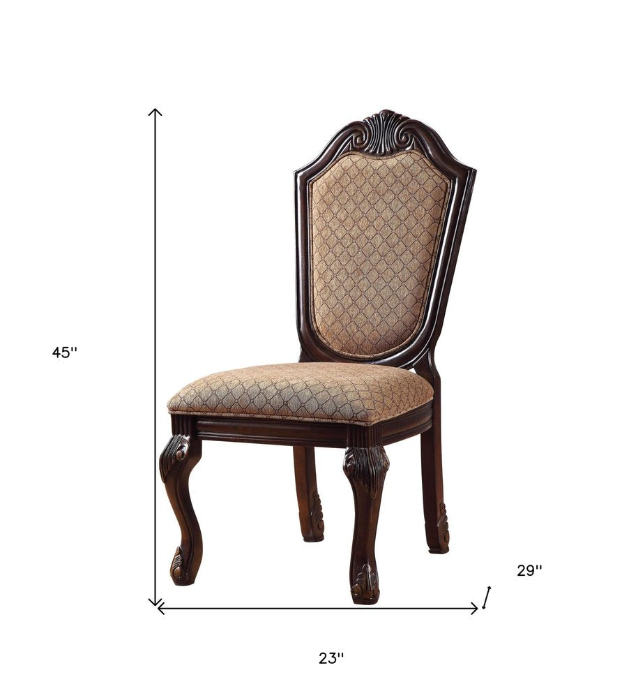 Set of Two Dark Brown Tan And Espresso Fabric And Solid Wood Geometric Print Dining Side Chairs