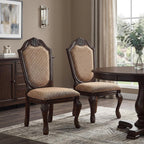 Set of Two Dark Brown Tan And Espresso Fabric And Solid Wood Geometric Print Dining Side Chairs