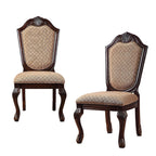 Set of Two Dark Brown Tan And Espresso Fabric And Solid Wood Geometric Print Dining Side Chairs
