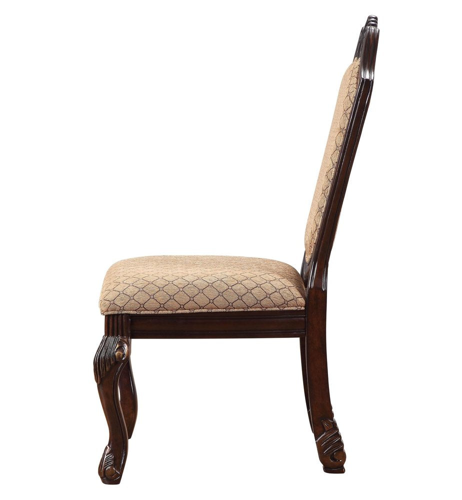 Set of Two Dark Brown Tan And Espresso Fabric And Solid Wood Geometric Print Dining Side Chairs
