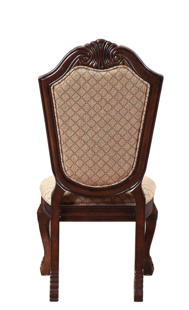 Set of Two Dark Brown Tan And Espresso Fabric And Solid Wood Geometric Print Dining Side Chairs