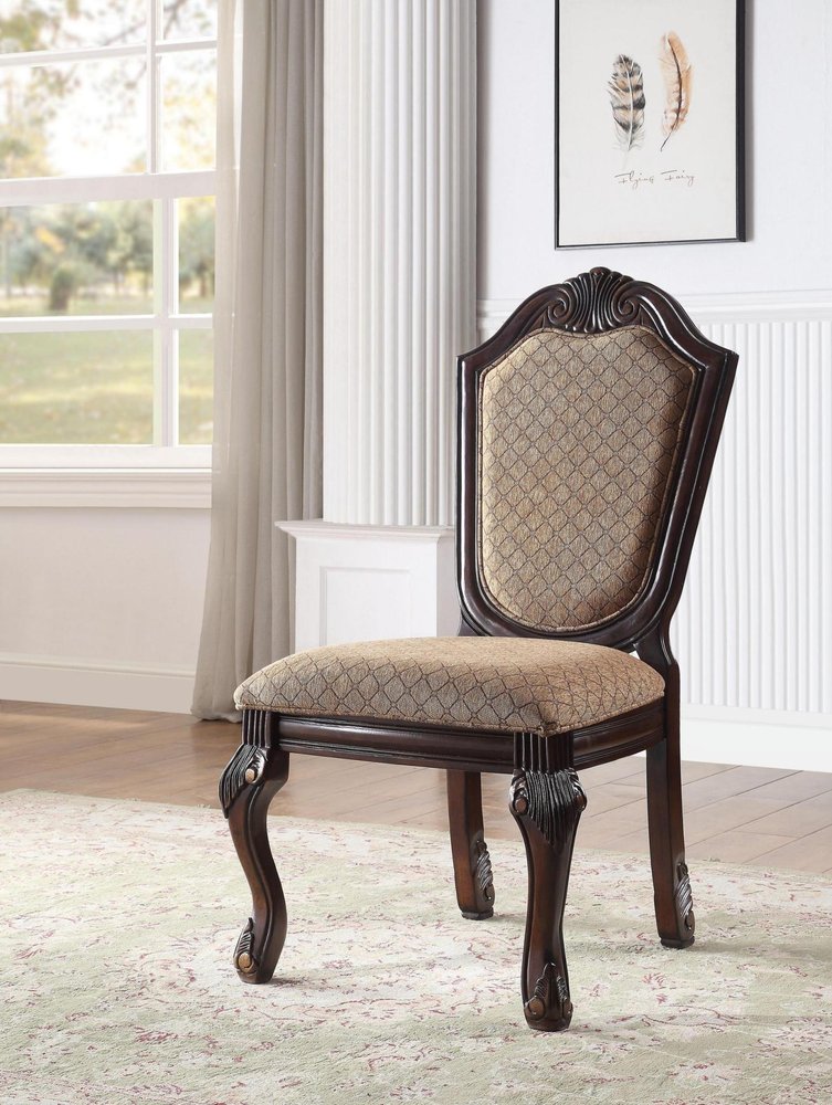 Set of Two Dark Brown Tan And Espresso Fabric And Solid Wood Geometric Print Dining Side Chairs