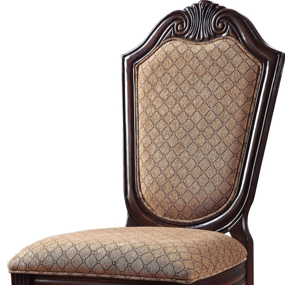 Set of Two Dark Brown Tan And Espresso Fabric And Solid Wood Geometric Print Dining Side Chairs