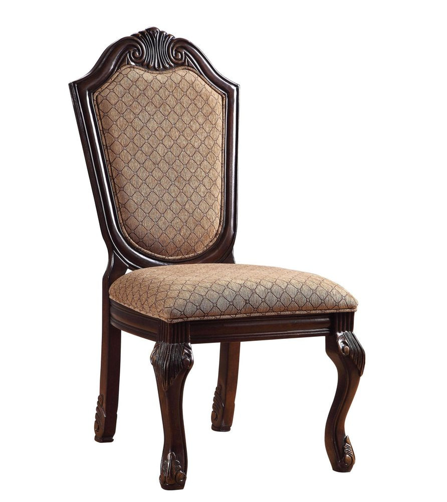 Set of Two Dark Brown Tan And Espresso Fabric And Solid Wood Geometric Print Dining Side Chairs