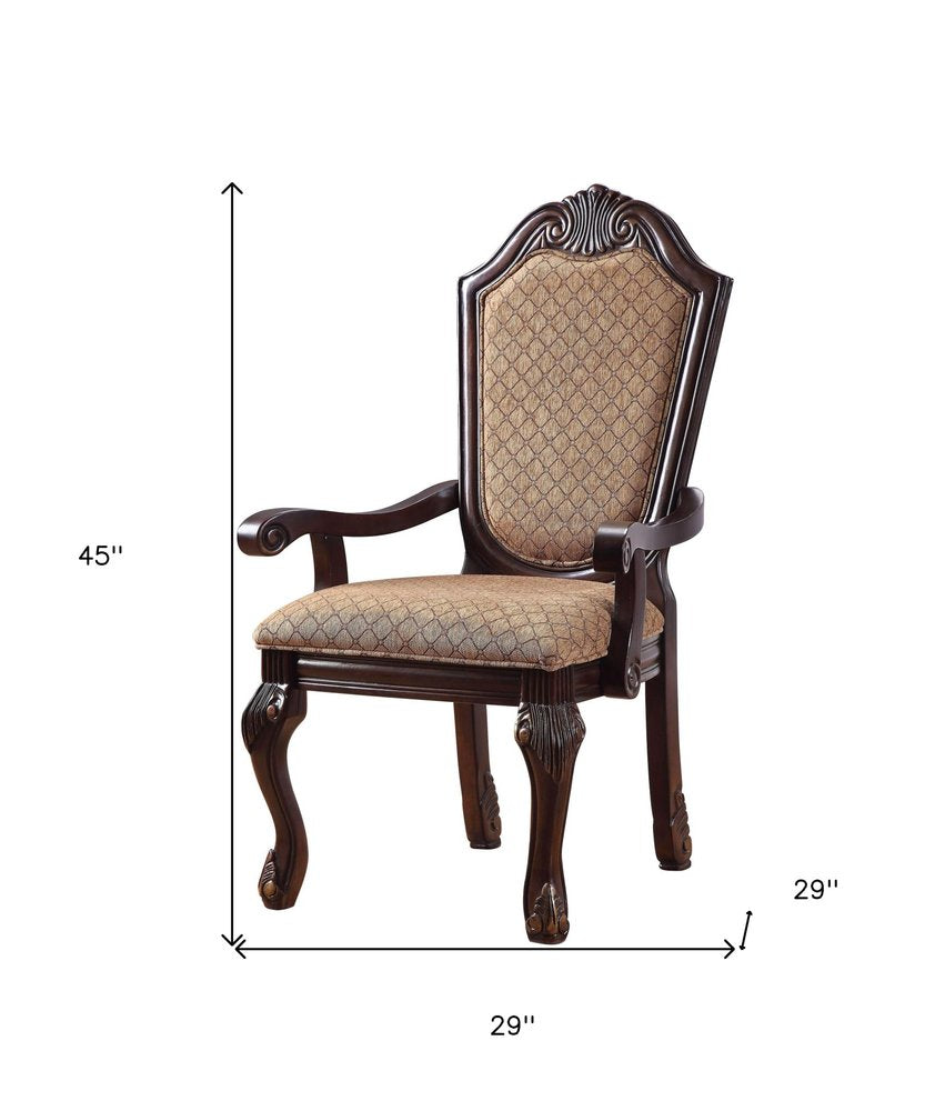 Set of Two Dark Brown Tan And Espresso Fabric And Solid Wood Geometric Print Dining Side Chairs