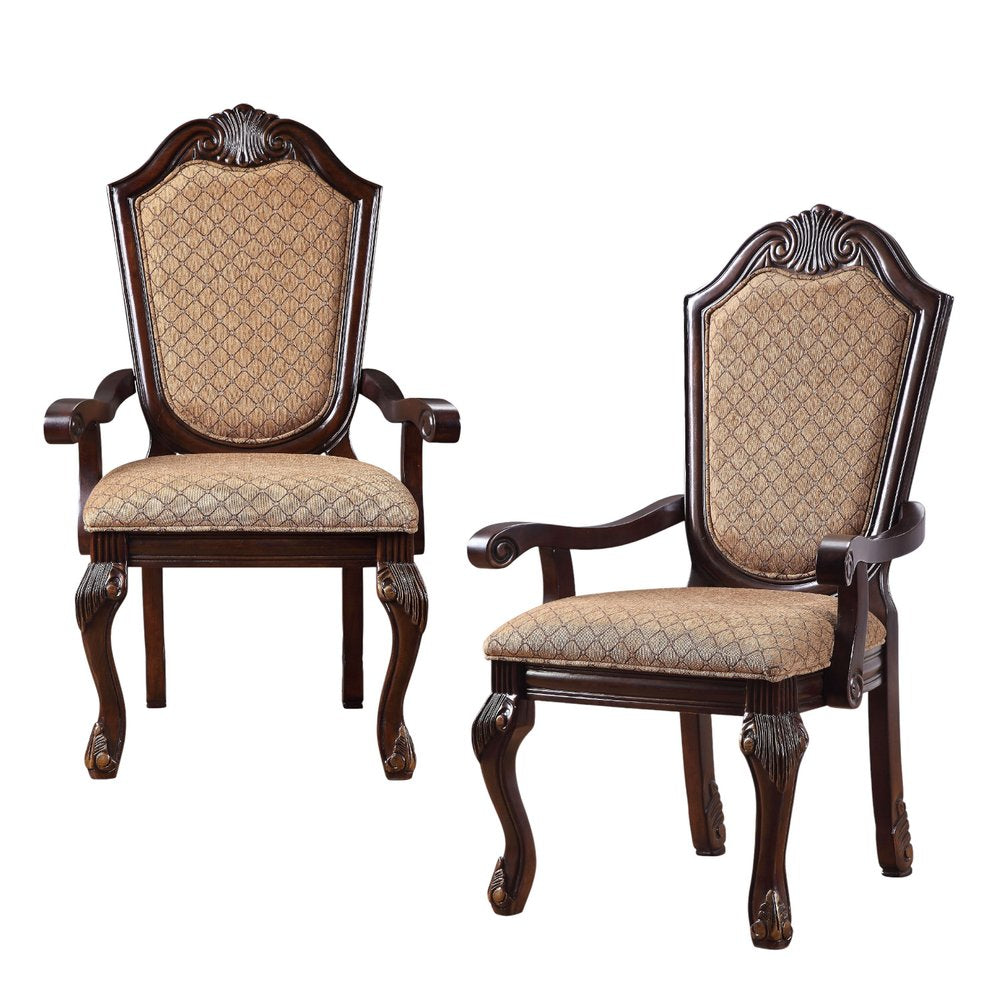 Set of Two Dark Brown Tan And Espresso Fabric And Solid Wood Geometric Print Dining Side Chairs