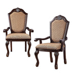 Set of Two Dark Brown Tan And Espresso Fabric And Solid Wood Geometric Print Dining Side Chairs
