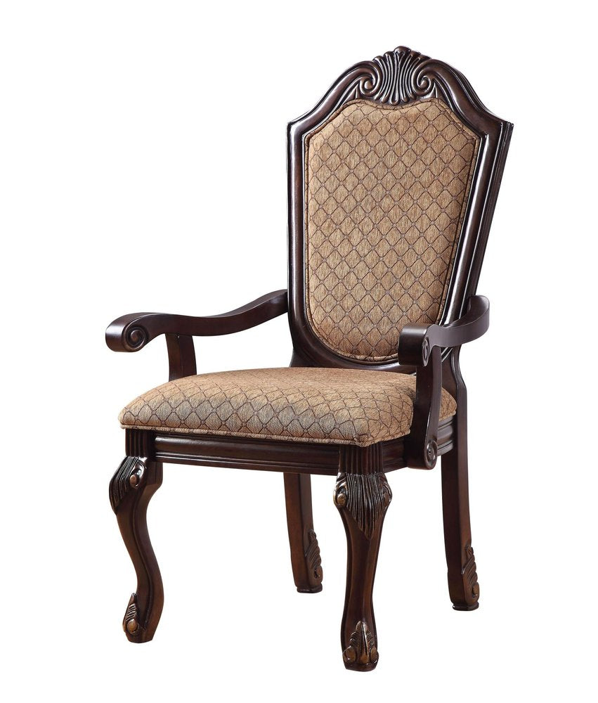 Set of Two Dark Brown Tan And Espresso Fabric And Solid Wood Geometric Print Dining Side Chairs