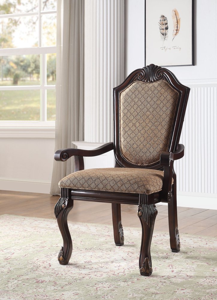 Set of Two Dark Brown Tan And Espresso Fabric And Solid Wood Geometric Print Dining Side Chairs