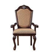 Set of Two Dark Brown Tan And Espresso Fabric And Solid Wood Geometric Print Dining Side Chairs