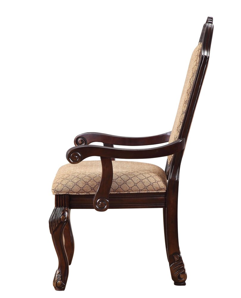 Set of Two Dark Brown Tan And Espresso Fabric And Solid Wood Geometric Print Dining Side Chairs