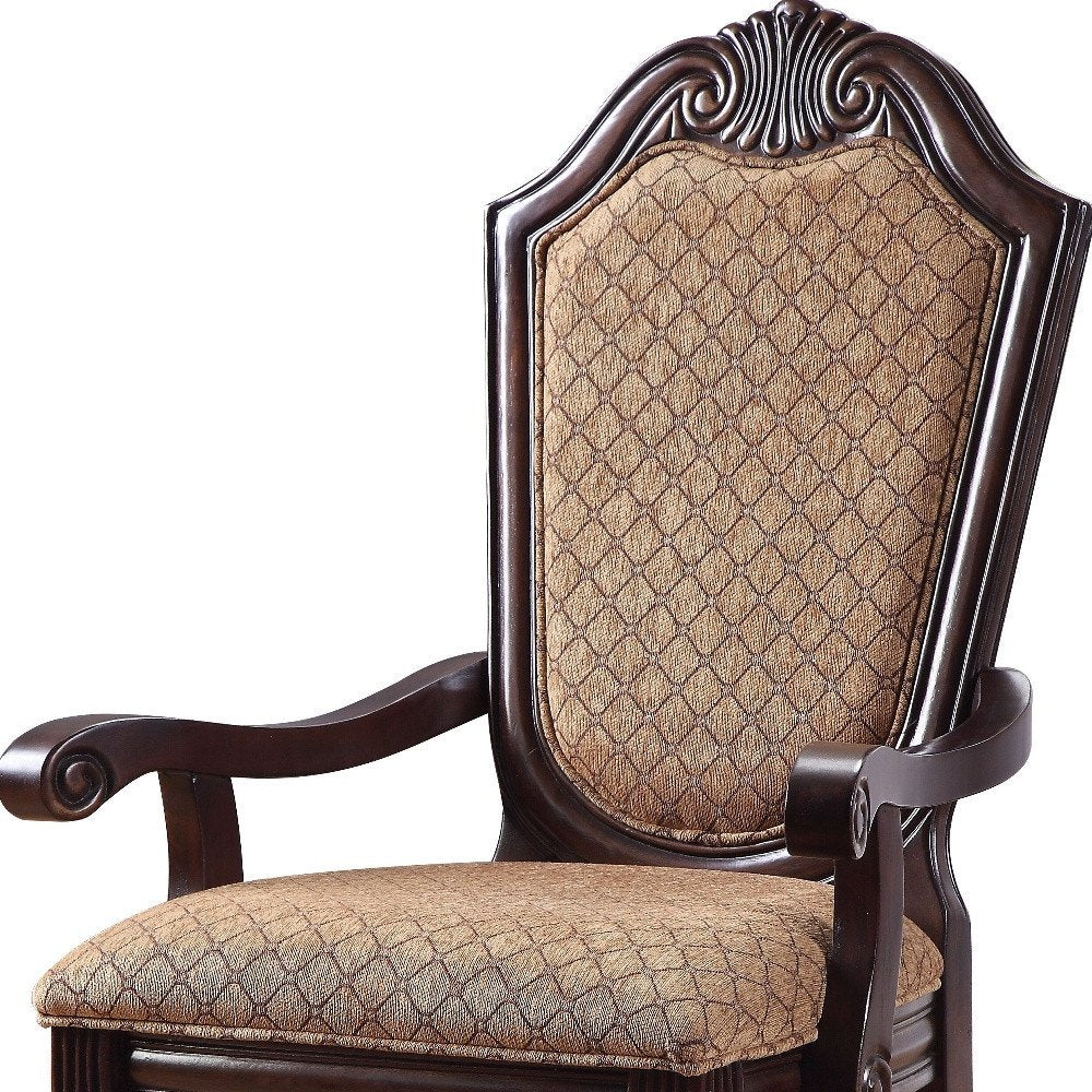 Set of Two Dark Brown Tan And Espresso Fabric And Solid Wood Geometric Print Dining Side Chairs