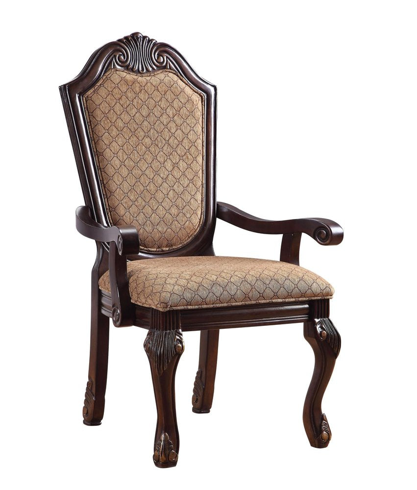Set of Two Dark Brown Tan And Espresso Fabric And Solid Wood Geometric Print Dining Side Chairs