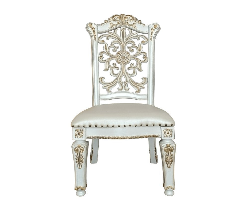 Set of Two Ivory Gold And Pearl Faux Leather And Solid Wood Partially Open Back Dining Side Chairs