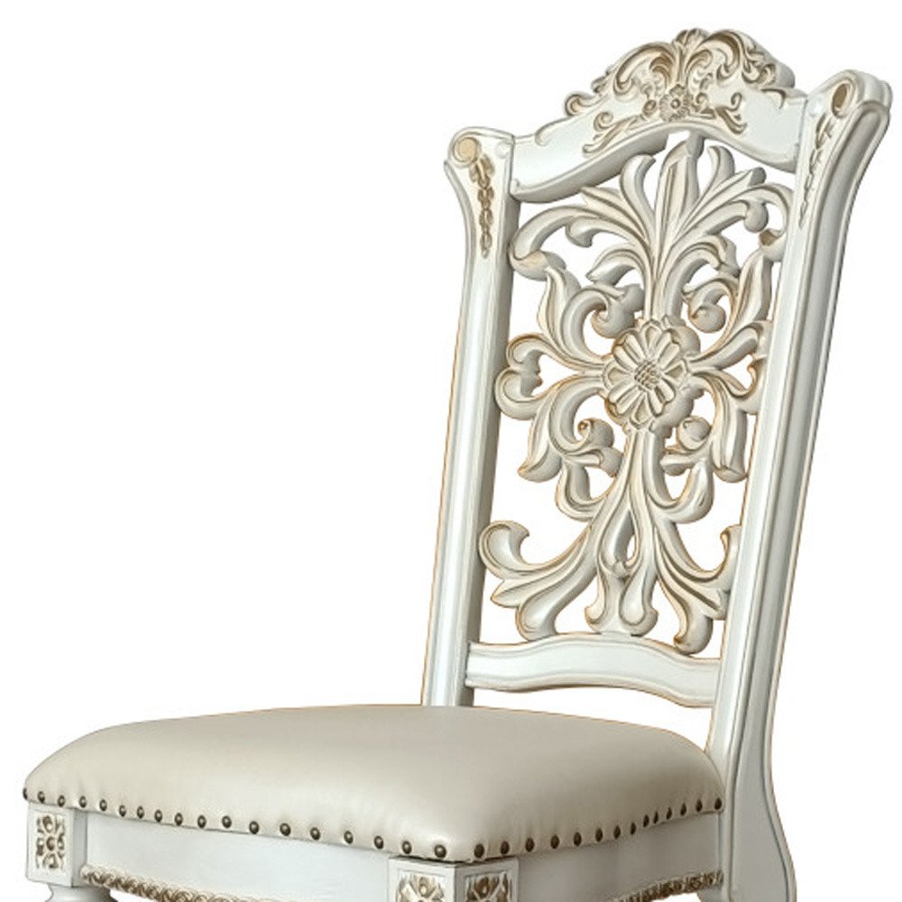 Set of Two Ivory Gold And Pearl Faux Leather And Solid Wood Partially Open Back Dining Side Chairs