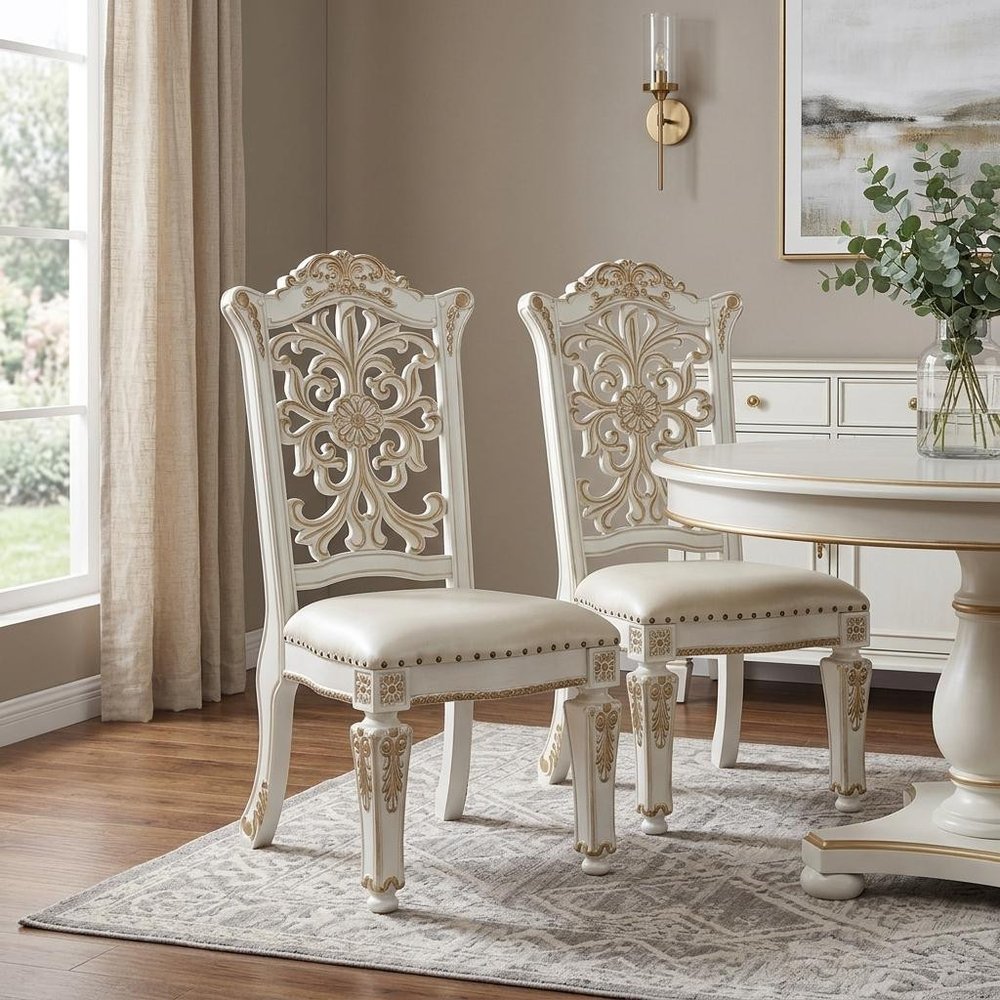 Set of Two Ivory Gold And Pearl Faux Leather And Solid Wood Partially Open Back Dining Side Chairs