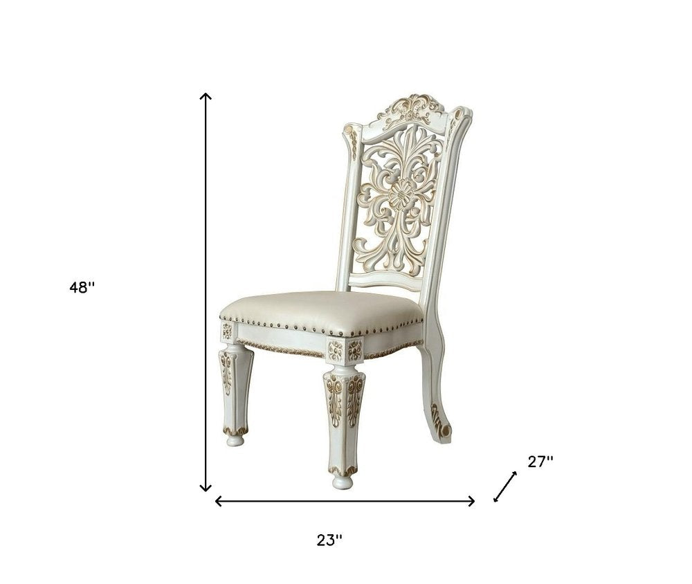 Set of Two Ivory Gold And Pearl Faux Leather And Solid Wood Partially Open Back Dining Side Chairs