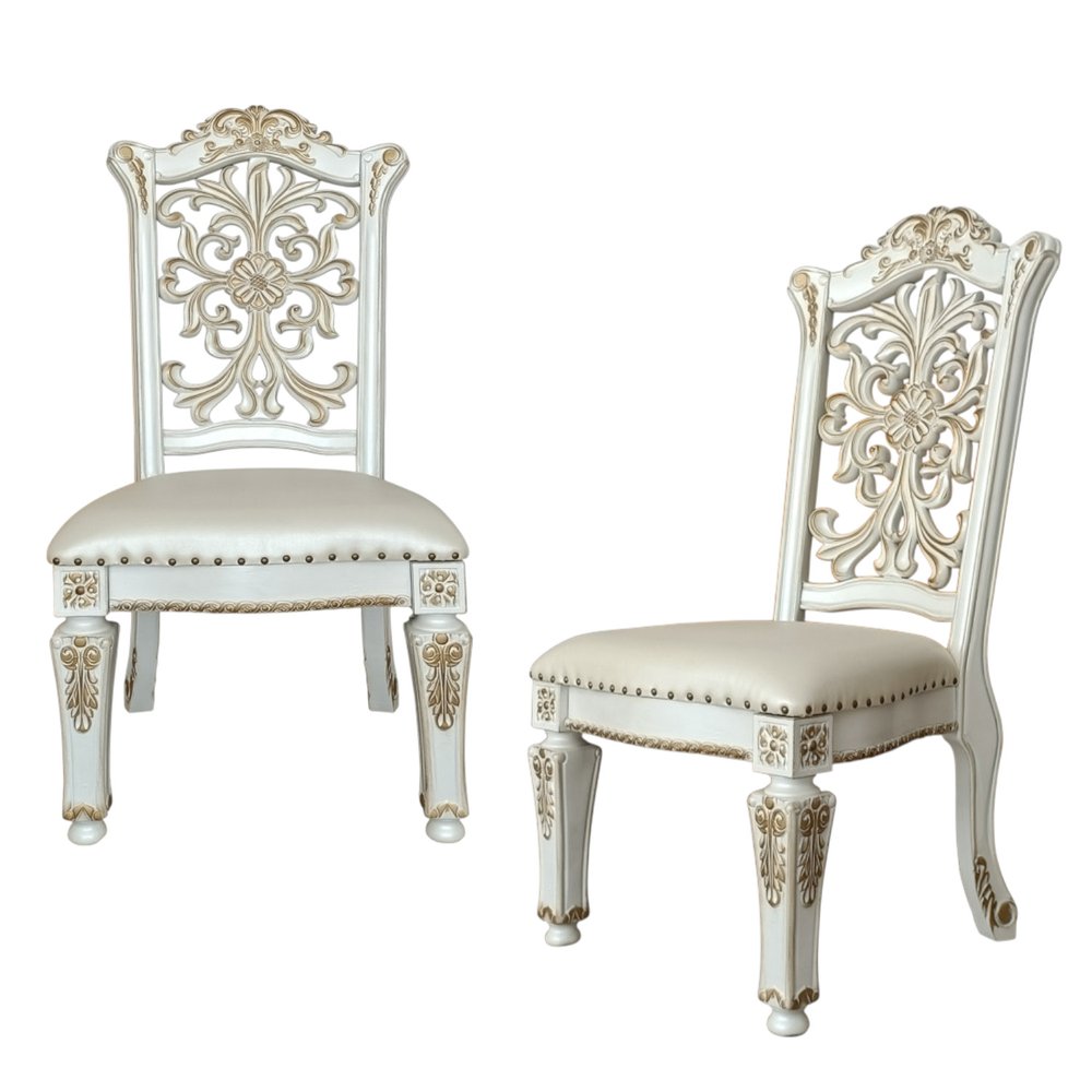 Set of Two Ivory Gold And Pearl Faux Leather And Solid Wood Partially Open Back Dining Side Chairs