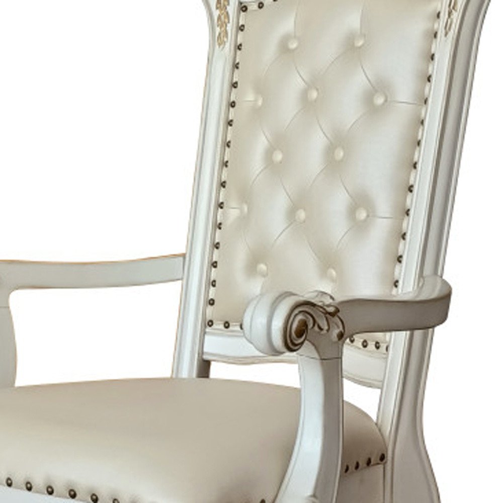 Set of Two Ivory Gold And Pearl Faux Leather And Solid Wood Partially Open Back Dining Side Chairs