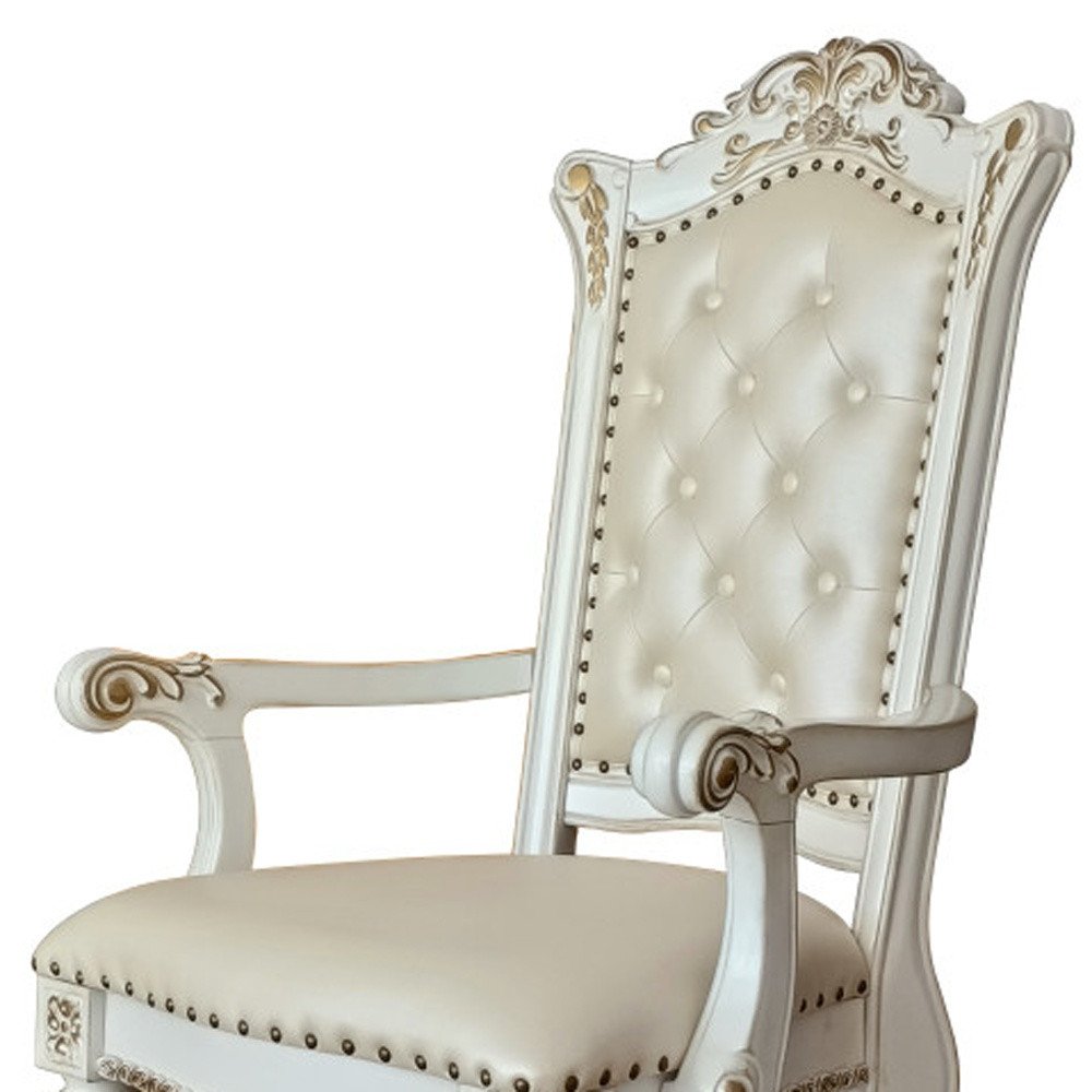 Set of Two Ivory Gold And Pearl Faux Leather And Solid Wood Partially Open Back Dining Side Chairs
