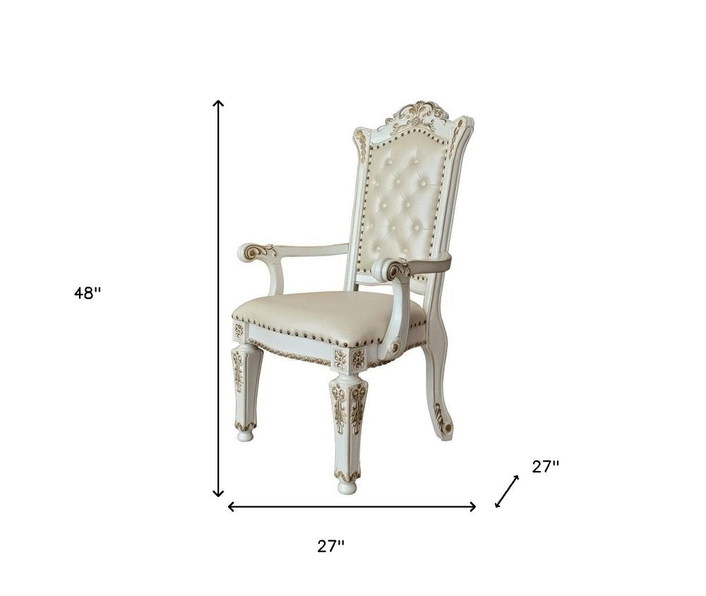 Set of Two Ivory Gold And Pearl Faux Leather And Solid Wood Partially Open Back Dining Side Chairs