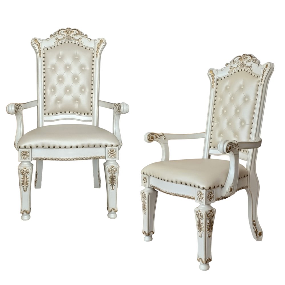 Set of Two Ivory Gold And Pearl Faux Leather And Solid Wood Partially Open Back Dining Side Chairs