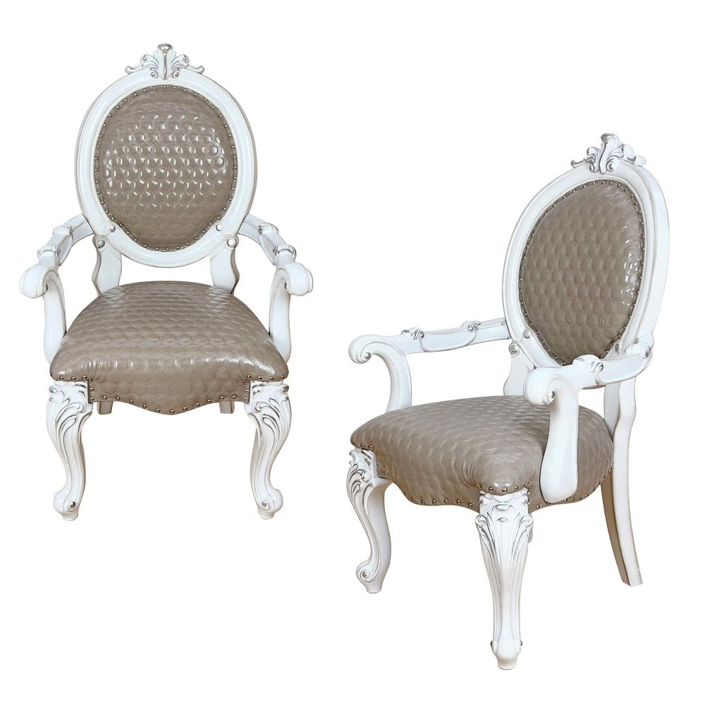Set of Two Gray and White Upholstered Faux Leather And Solid Wood King Louis Back Dining Side Chairs