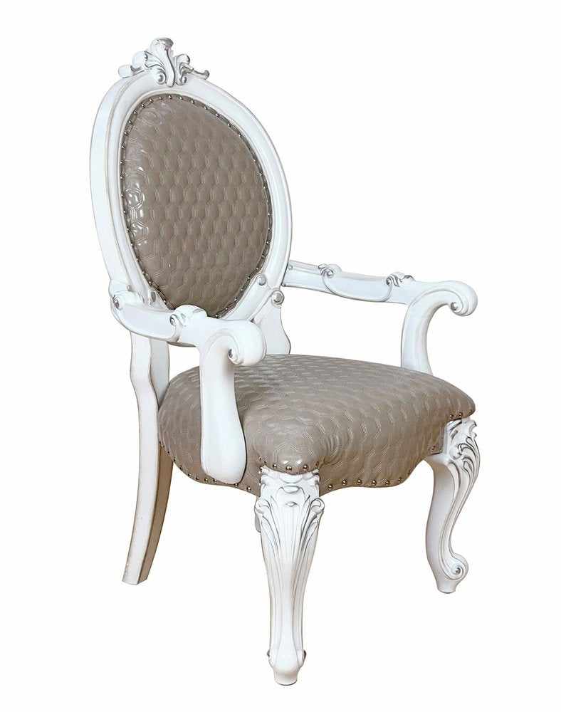 Set of Two Gray and White Upholstered Faux Leather And Solid Wood King Louis Back Dining Side Chairs