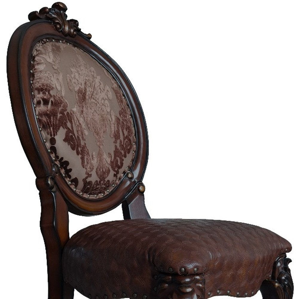 Set of Two Brown And Redwood Tufted Faux Leather And Solid Wood King Louis Back Dining Side Chairs