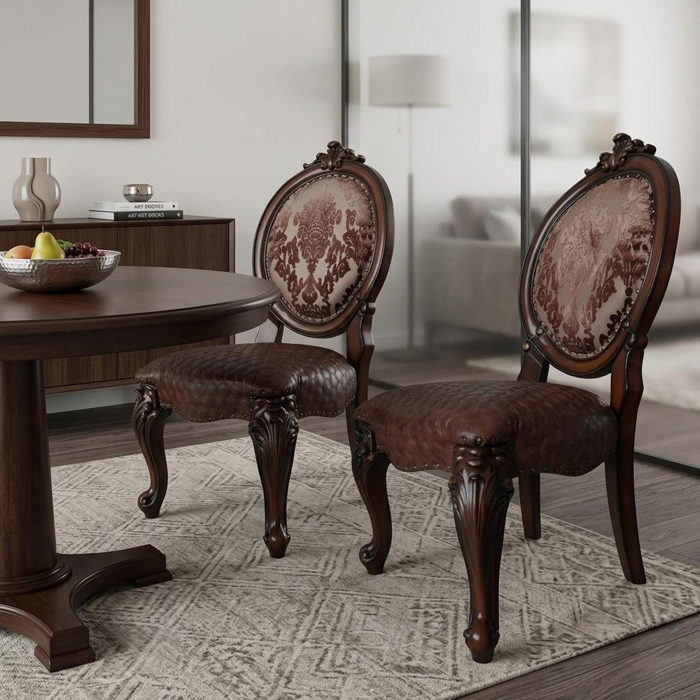 Set of Two Brown And Redwood Tufted Faux Leather And Solid Wood King Louis Back Dining Side Chairs