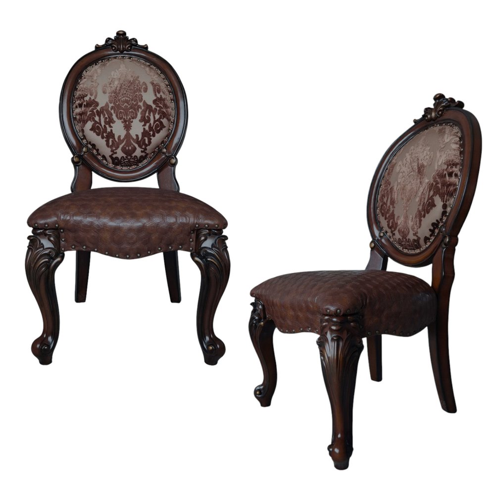 Set of Two Brown And Redwood Tufted Faux Leather And Solid Wood King Louis Back Dining Side Chairs