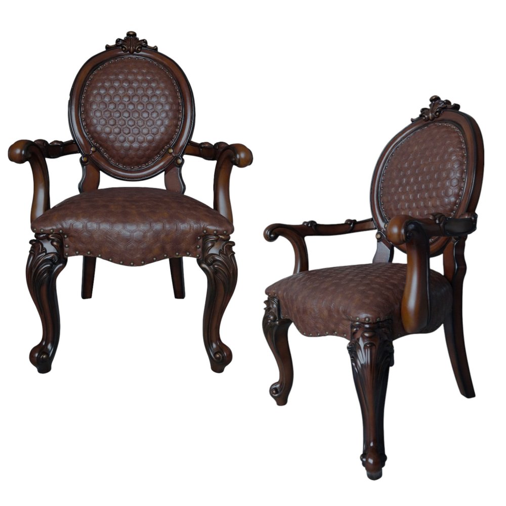 Set of Two Brown And Redwood Tufted Faux Leather And Solid Wood King Louis Back Dining Side Chairs