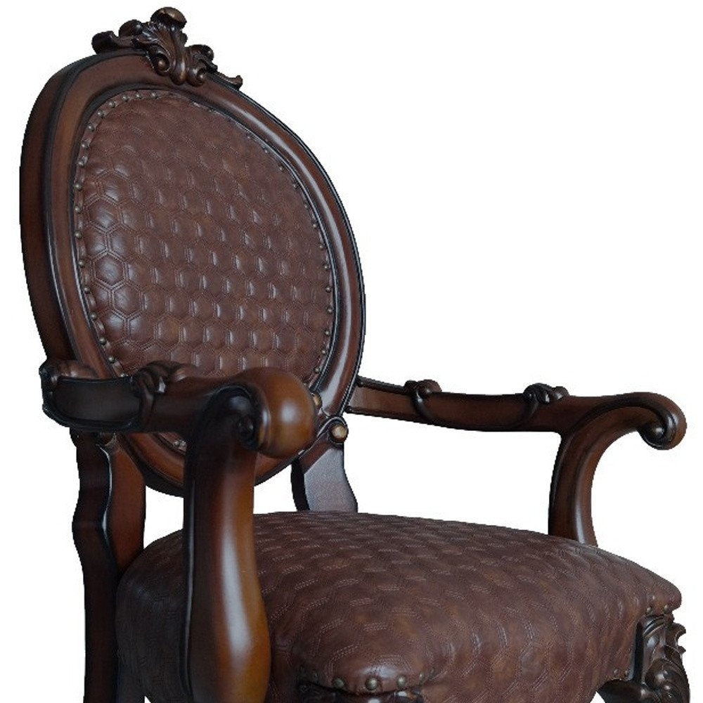 Set of Two Brown And Redwood Tufted Faux Leather And Solid Wood King Louis Back Dining Side Chairs