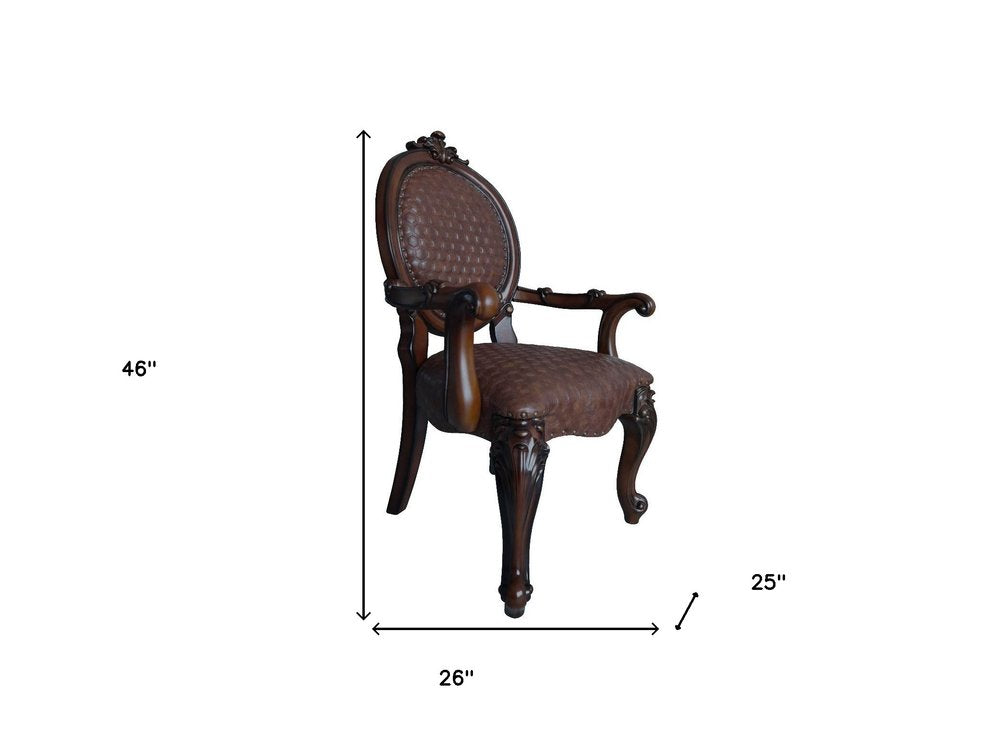 Set of Two Brown And Redwood Tufted Faux Leather And Solid Wood King Louis Back Dining Side Chairs