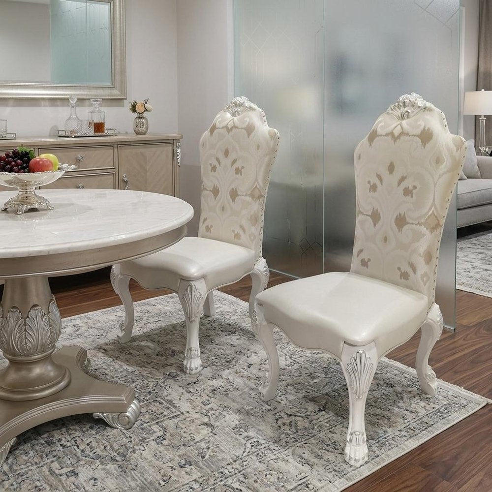 Set of Two Beige Light Brown And Bone Fabric And Faux Leather And Solid Wood Dining Side Chairs