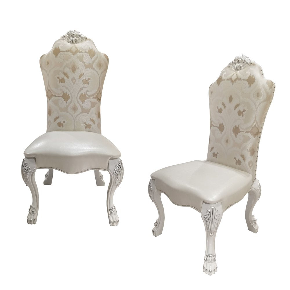 Set of Two Beige Light Brown And Bone Fabric And Faux Leather And Solid Wood Dining Side Chairs