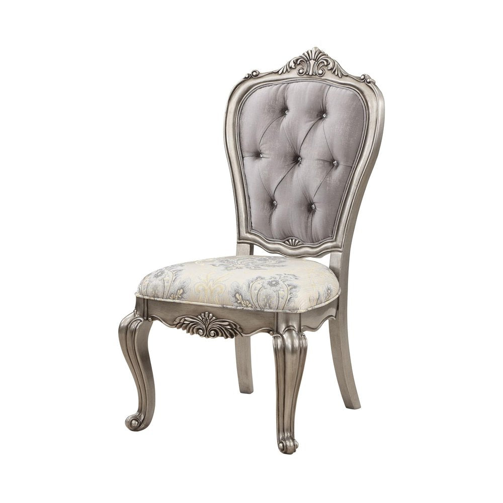 Set of Two Beige Gray And Platinum Tufted Velvet And Solid Wood Dining Side Chairs