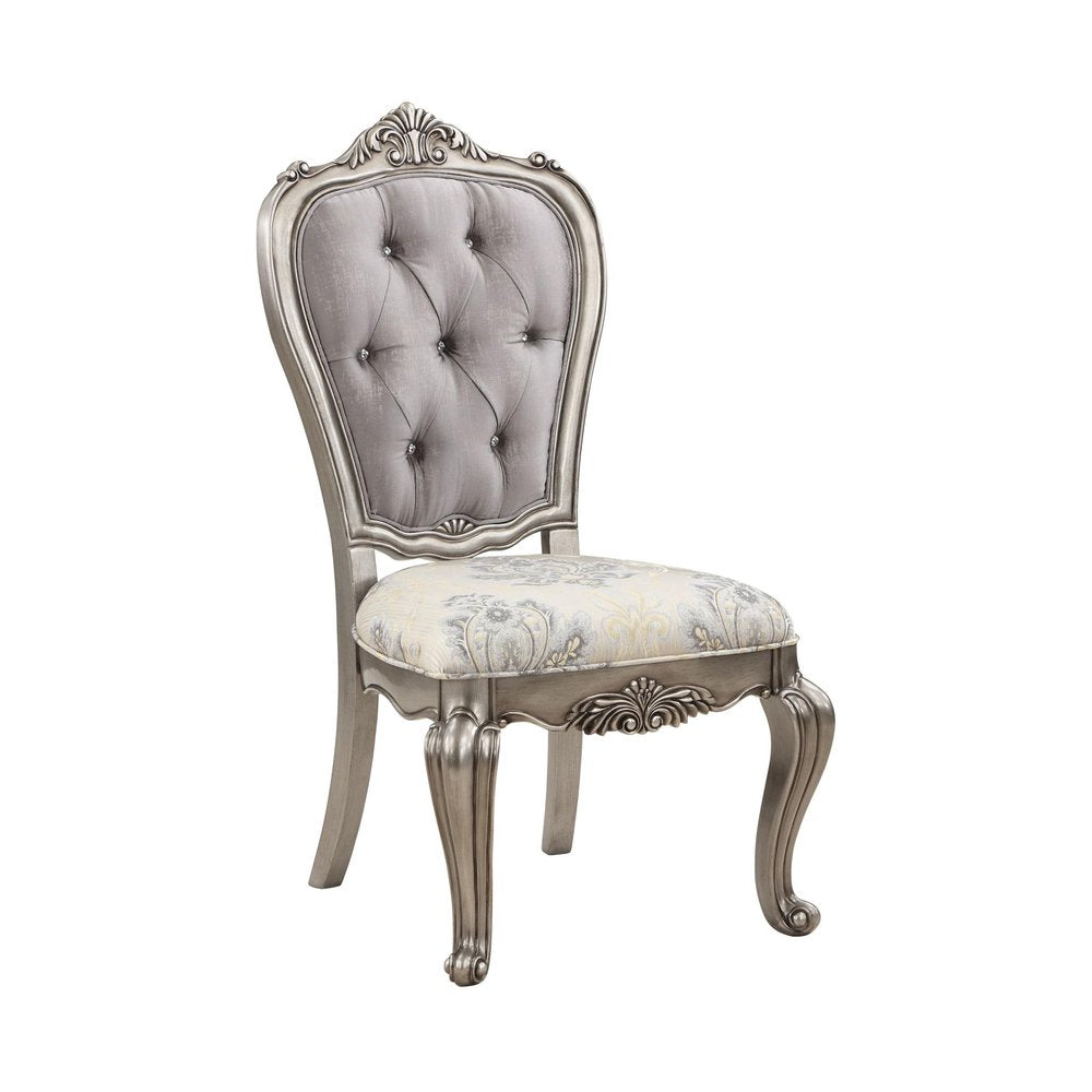 Set of Two Beige Gray And Platinum Tufted Velvet And Solid Wood Dining Side Chairs