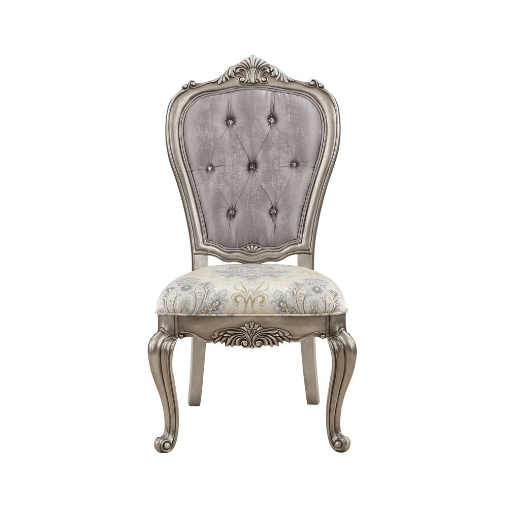 Set of Two Beige Gray And Platinum Tufted Velvet And Solid Wood Dining Side Chairs