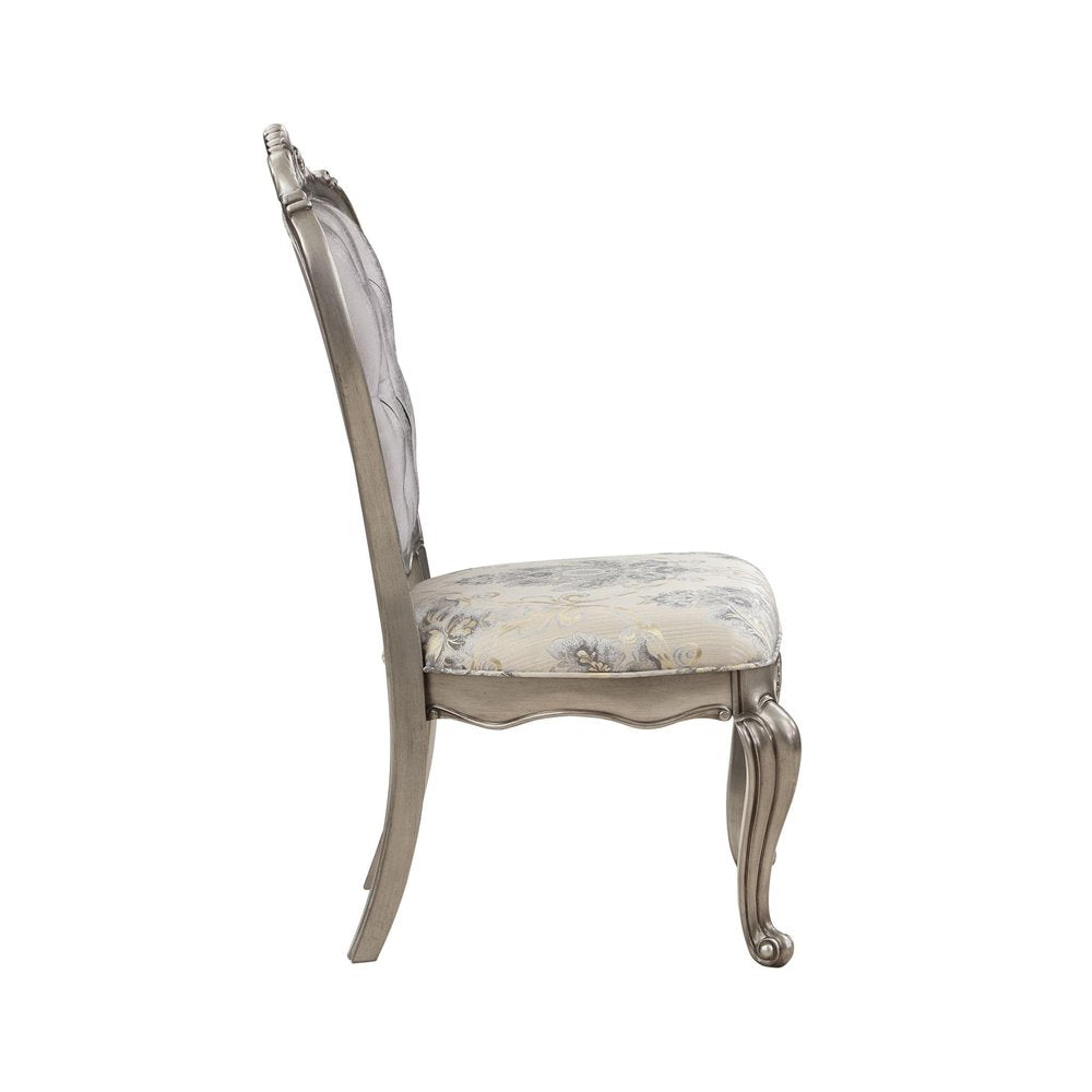 Set of Two Beige Gray And Platinum Tufted Velvet And Solid Wood Dining Side Chairs