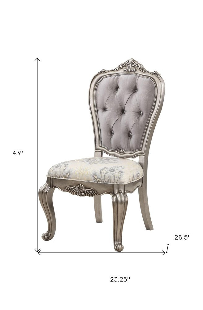 Set of Two Beige Gray And Platinum Tufted Velvet And Solid Wood Dining Side Chairs